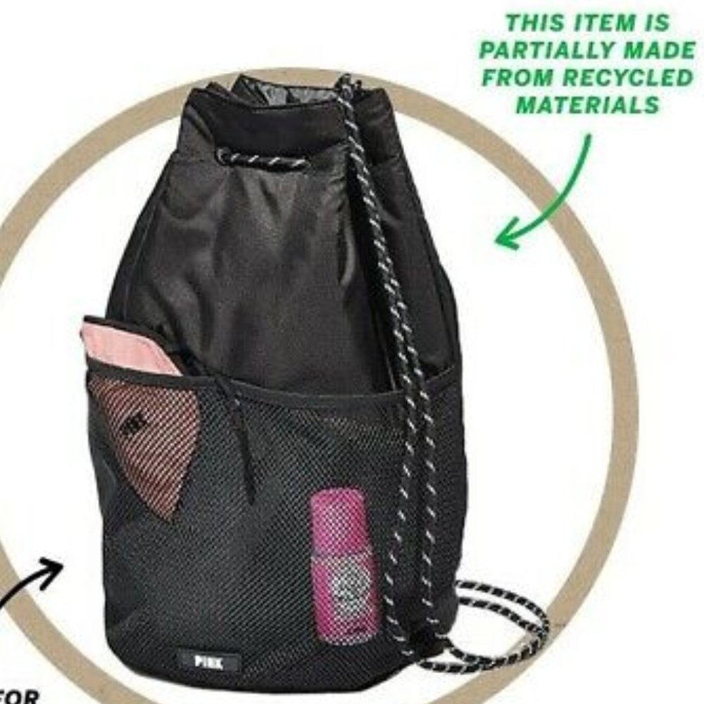 VICTORIA'S SECRET PINK Black Drawstring Backpack VS School Bag Recycled Material